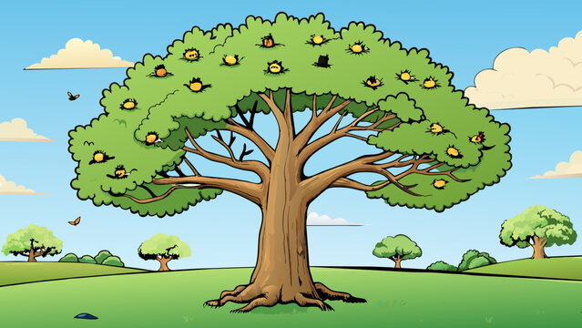 A majestic oak tree stands near the edge of a vast open field. Its sy trunk is adorned with various types of birds nests and its sprawling branches. Cartoon Vector.