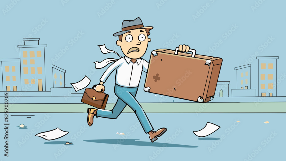 Poster a man walks down a deserted street holding a worn leather suitcase. the edges are frayed and the lat