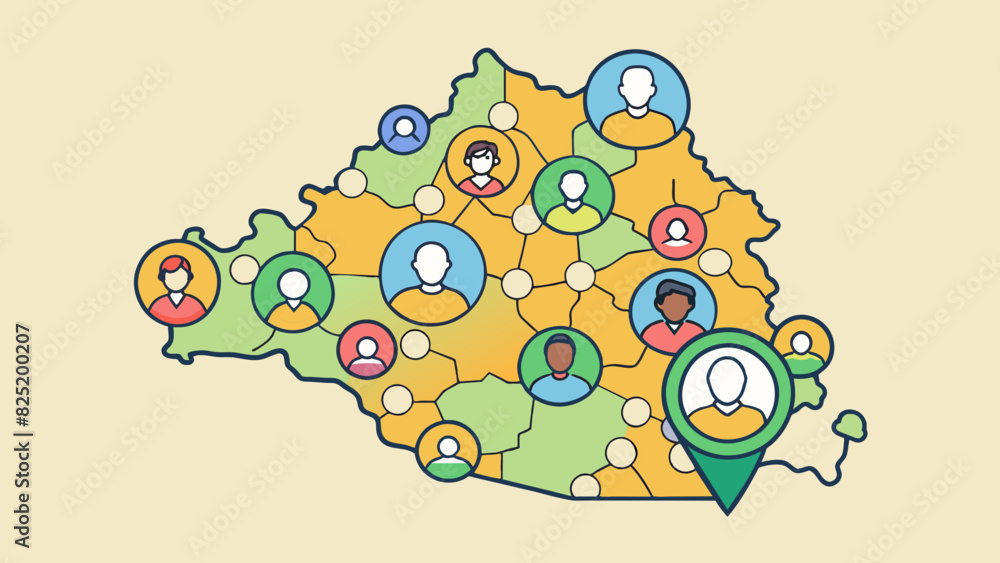 Aufkleber A map with different colored dots representing the population density of various regions with a key indicating the number of people per square mile.. Cartoon Vector.