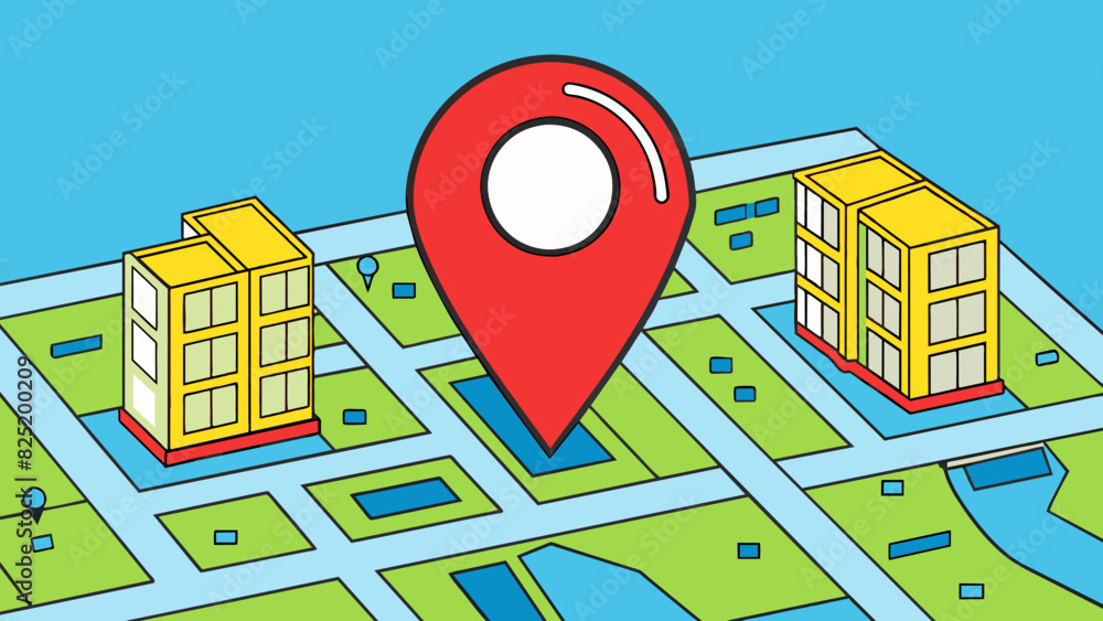 Poster A map with a red dot marking a specific location on a grid of streets and buildings.. Cartoon Vector.