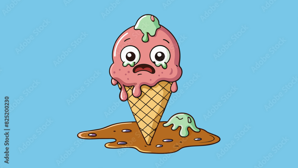 Poster A melted ice cream cone with a puddle of melted ice cream at the bottom and a soggy cone that cannot hold its shape.. Cartoon Vector.