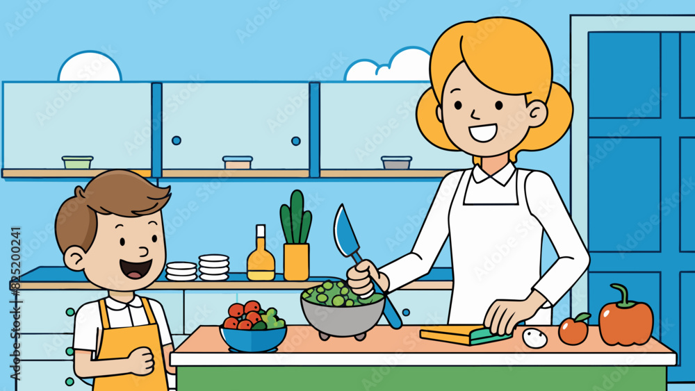 Poster a member of a cooking class this person is standing at a kitchen counter chopping vegetables with a 