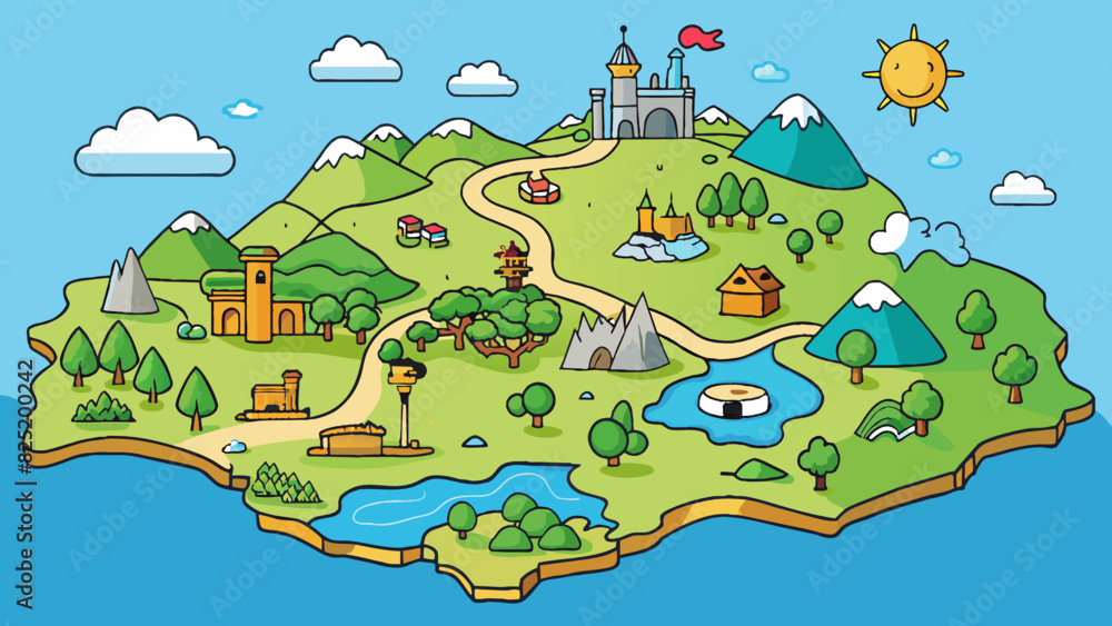 Poster A map with different types of terrain and landmarks representing the diverse landscapes and features of a country.. Cartoon Vector.