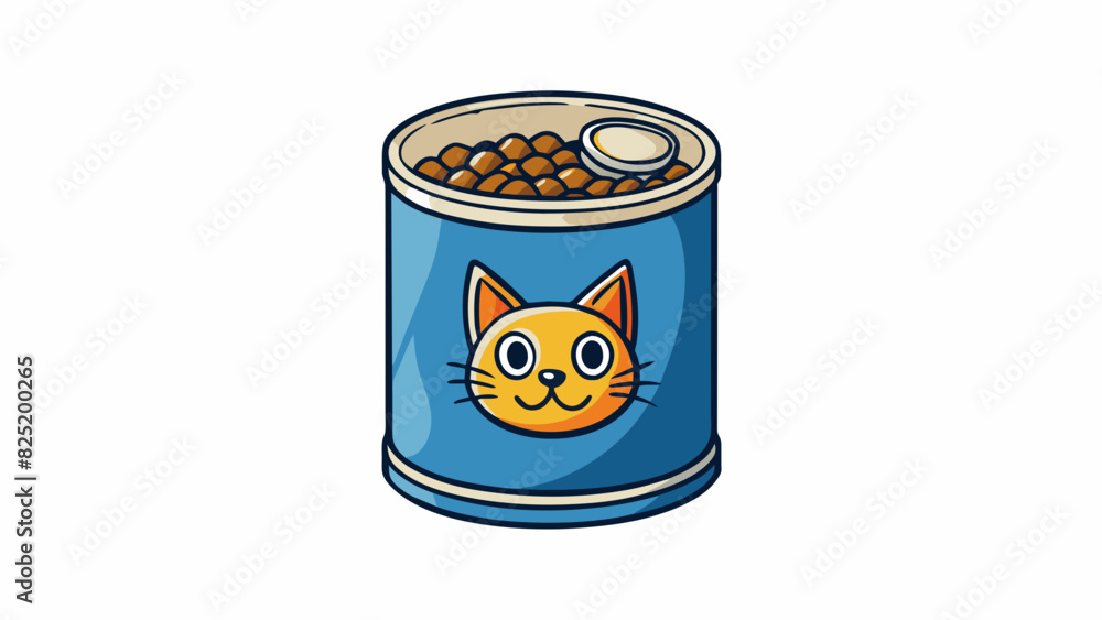 Poster A metal canister filled with dry cat food its compact shape and crunchy contents providing a convenient and nutritious meal for feline friends.. Cartoon Vector.