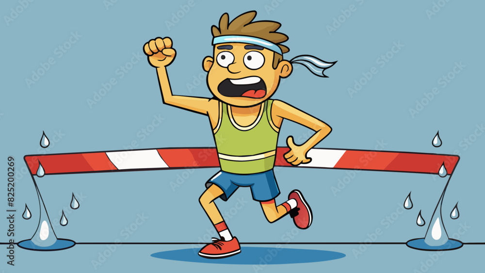 Poster a marathon runner crossing the finish line sweat dripping down their face legs in a steady rhythm de