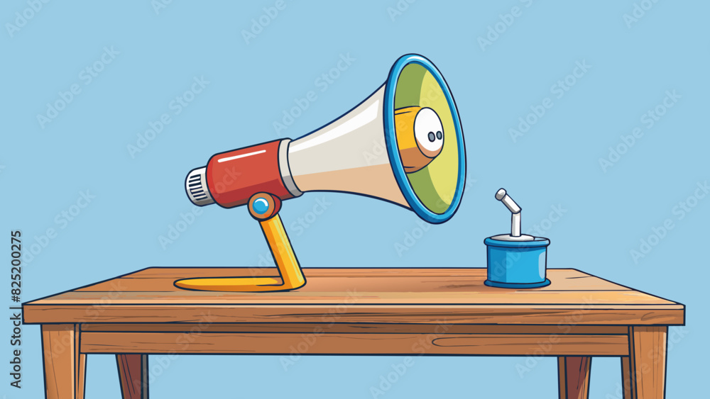 Poster A megaphone sitting on a table ready to amplify someones words and make them heard by a larger group.. Cartoon Vector.