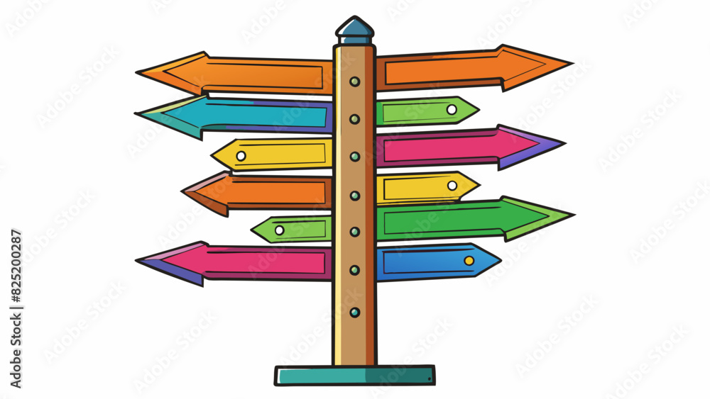 Poster A metal signpost with multiple arrows pointing in different directions each one painted in a different color. Its bold and eyecatching design makes it. Cartoon Vector.