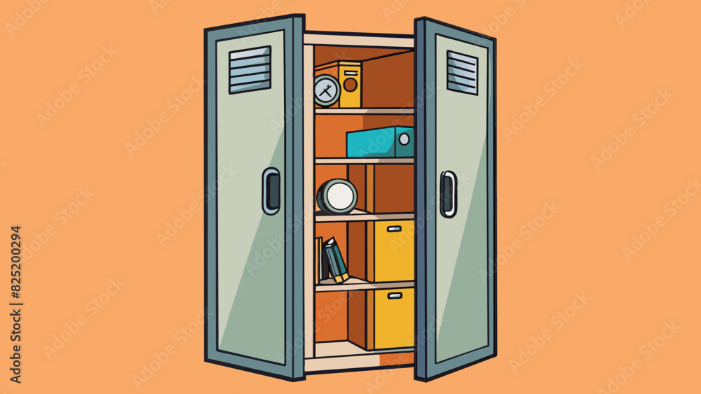 Poster A metal locker with multiple shelves and a combination lock used to keep personal belongings secure. The locker has a sy frame a reinforced door and a. Cartoon Vector.