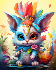 painting of a cat with feathers on its head and a flower in its mouth