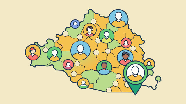 A map with different colored dots representing the population density of various regions with a key indicating the number of people per square mile.. Cartoon Vector.