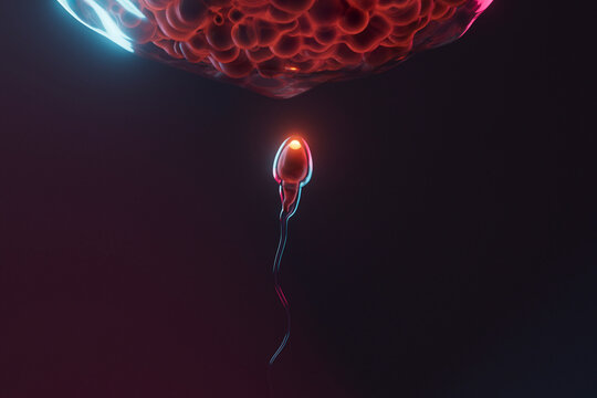 3D Render of Sperm Cell on Collision Course with Egg