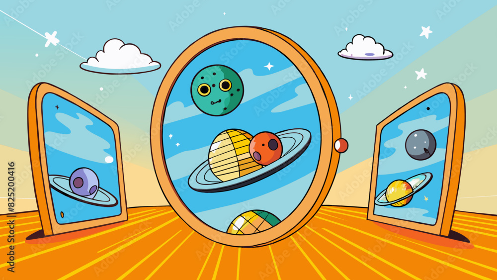 Poster A mirror that reflects not only what is in front of it but also what is beyond our visible reality a glimpse into parallel universes and alternate. Cartoon Vector.