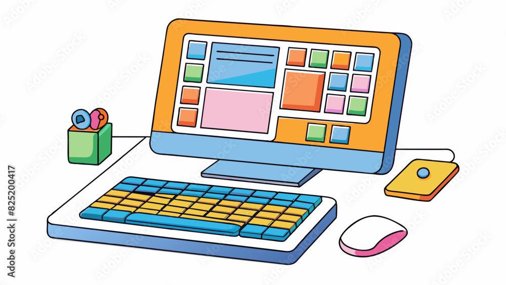 Poster A model of a computer has a rectangular shape with a screen at the front a keyboard in the center and a mouse beside it. The screen displays colorful. Cartoon Vector.