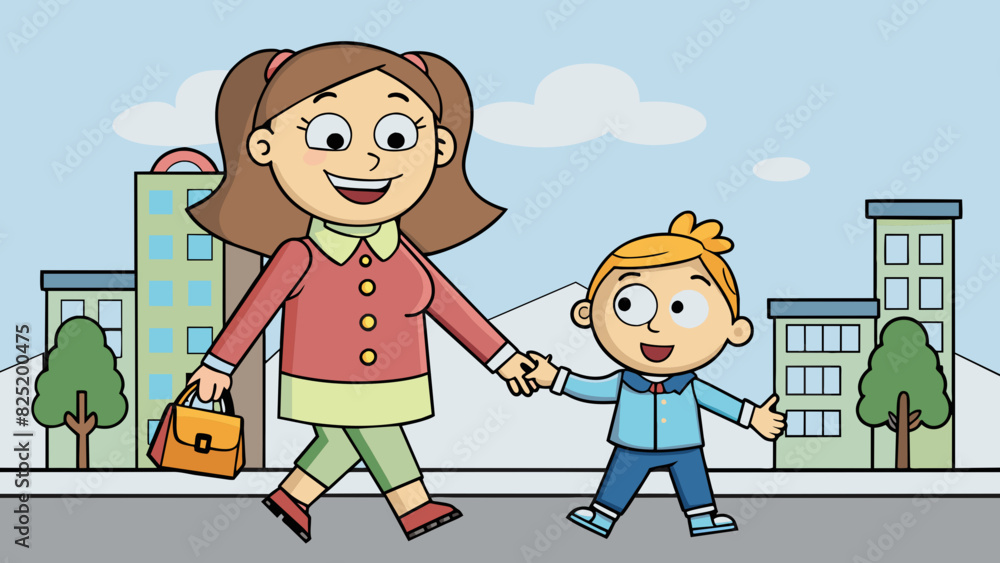 Fototapete A mother and child holding hands as they walk down the street their steps in sync and their smiles mirroring each other.. Cartoon Vector.