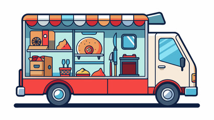A mobile butcher truck with a vibrant logo painted on its side. The back of the truck is open revealing a clean wellorganized workspace with multiple. Cartoon Vector.