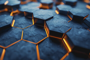 Obraz premium Abstract background of blue and white and a golden honeycomb symbol with a neon graphics background.