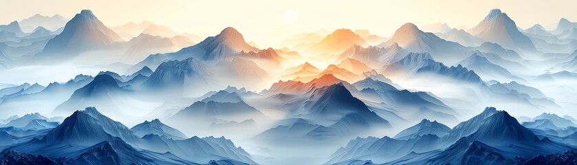 A breathtaking sunrise over a misty mountain range, radiating serene beauty and tranquility with a dreamy blend of colors.