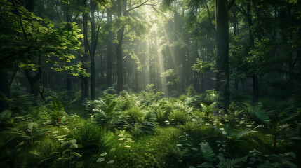 sunlight shining through the trees in a forest filled with ferns