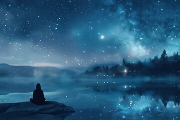 A person is sitting on a rock by a lake at night. The sky is filled with stars and the water is calm