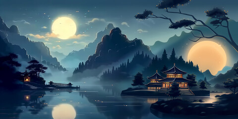 night scene of a chinese village by a lake with a full moon
