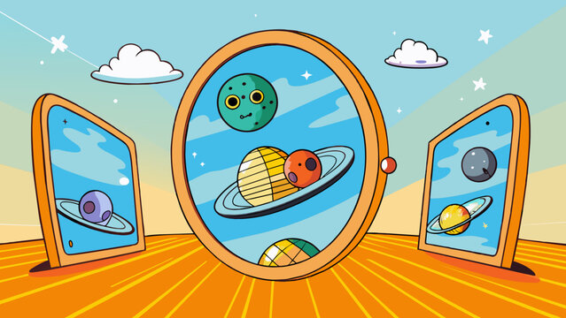 A mirror that reflects not only what is in front of it but also what is beyond our visible reality a glimpse into parallel universes and alternate. Cartoon Vector.