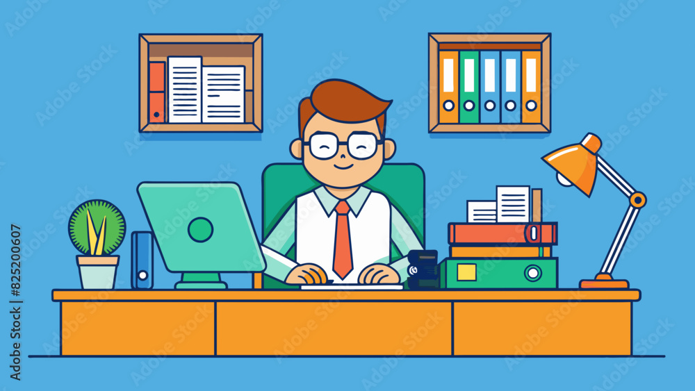 Poster An accountants job is to manage financial records and perform calculations. They sit at a desk with a computer and calculator surrounded by filing. Cartoon Vector.