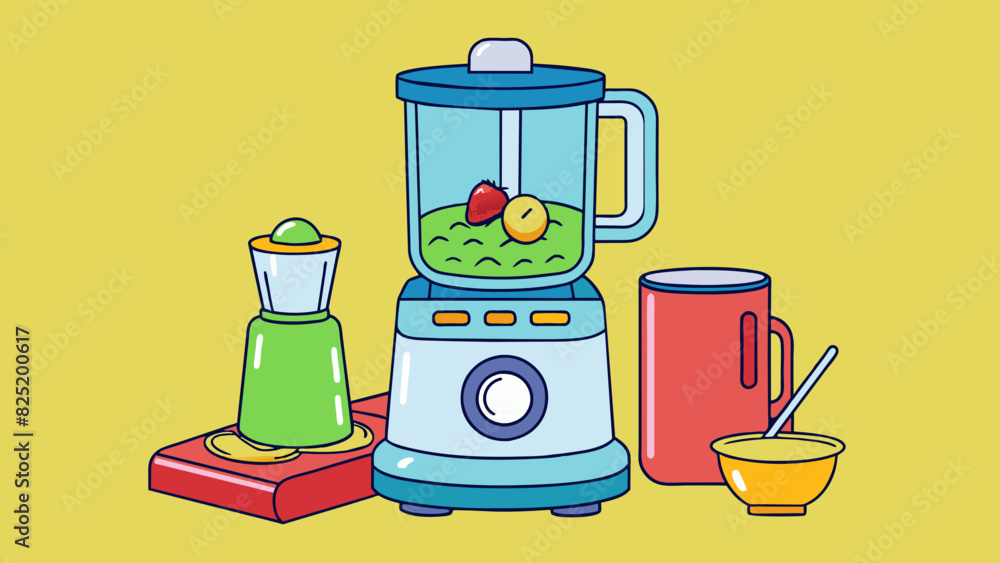Poster A multifunctional kitchen appliance that is able to chop blend and puree with just a touch of a button. Its sharp interchangeable blades and powerful. Cartoon Vector.