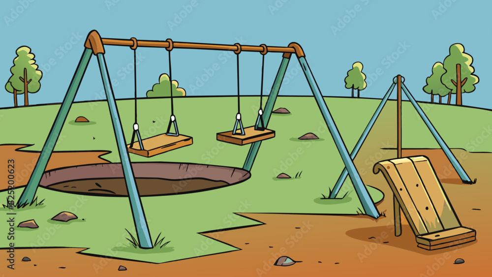 Poster An abandoned playground with rusted swings and broken slides lacking any signs of past joy or playfulness.. Cartoon Vector.