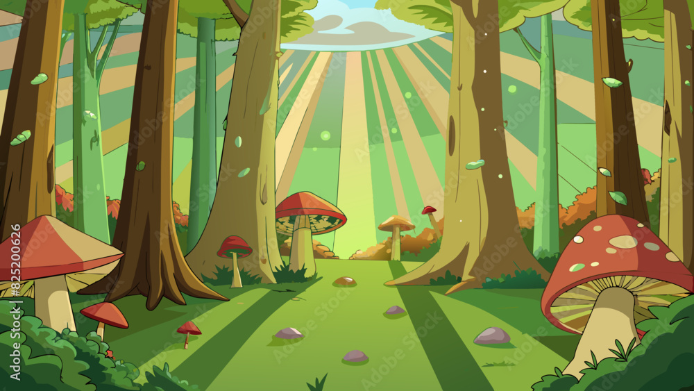 Poster A mystical forest The forest is filled with tall ancient trees that seem to touch the sky. Rays of sunlight peek through the canopy creating a. Cartoon Vector.