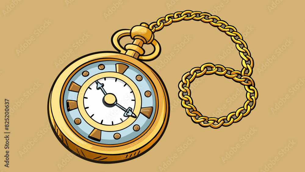 Poster an antique pocket watch with a gold chain and intricate engravings on the front. its face is white w