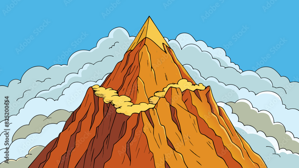Poster A mountain peak jutting high into the clouds with its rugged surface and sharp rocks a daunting challenge for any hiker brave enough to reach its. Cartoon Vector.