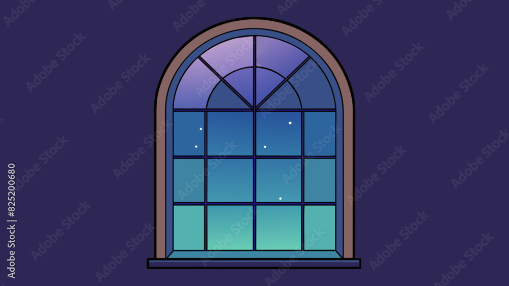 Poster an arched window with a dark metal frame and a single pane of glass. the glass is tinted giving the 