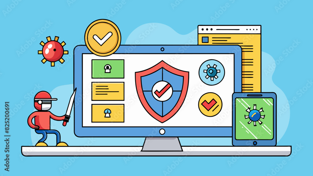 Poster An antivirus software ensures the security of a computer by scanning for and removing viruses malware and other malicious threats. It has a. Cartoon Vector.