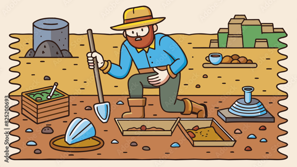Poster An archaeologist using specialized tools to sift through layers of soil and uncover ancient artifacts. The site is a former settlement and evidence of. Cartoon Vector.