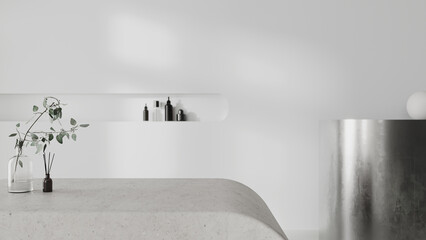 Concrete tabletop with minimalist style store background, 3d