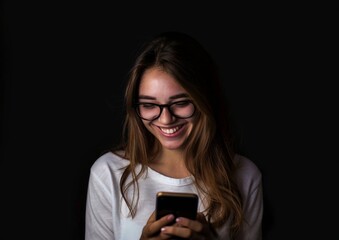 Fototapeta premium A young woman smiles as she looks at her cell phone, which has a black background, Happy woman using cell phone