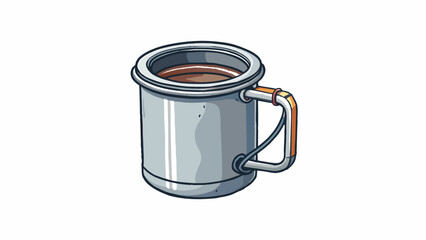 An aluminum camping cup with a sy cylindrical shape and a wire handle. The metal is scuffed and wellworn from many outdoor adventures but it still. Cartoon Vector.