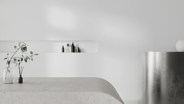 Concrete tabletop with minimalist style store background, 3d