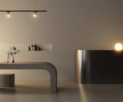 Minimalist interior with metal counter and concrete table, 3d