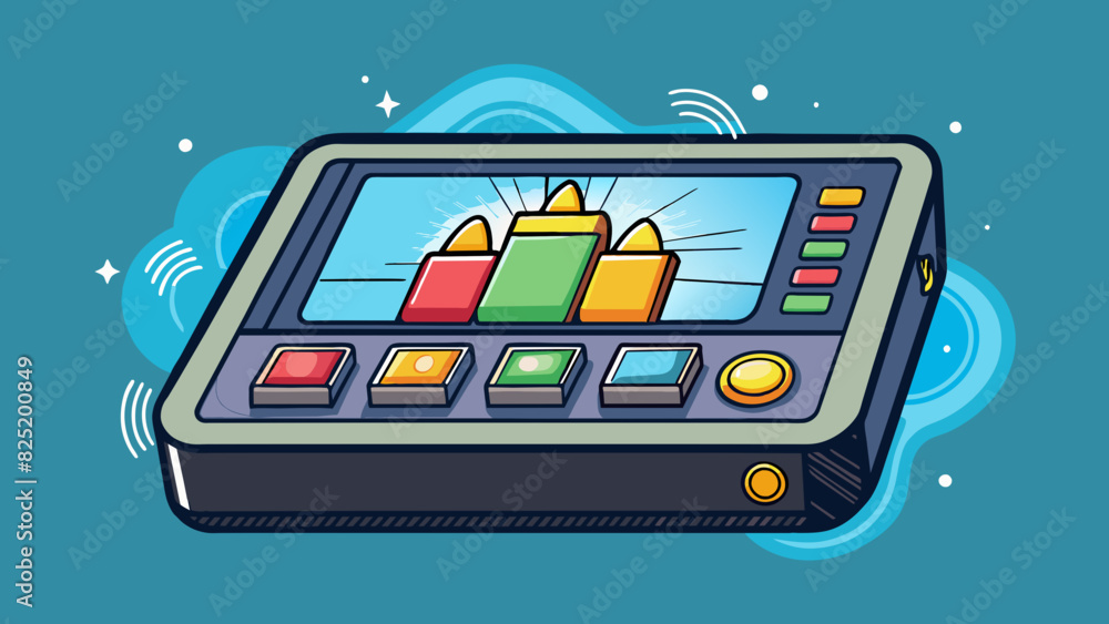 Aufkleber An electronic device with a black matte finish and several buttons and screens. It emits a low humming noise and when turned on the screens light up. Cartoon Vector.