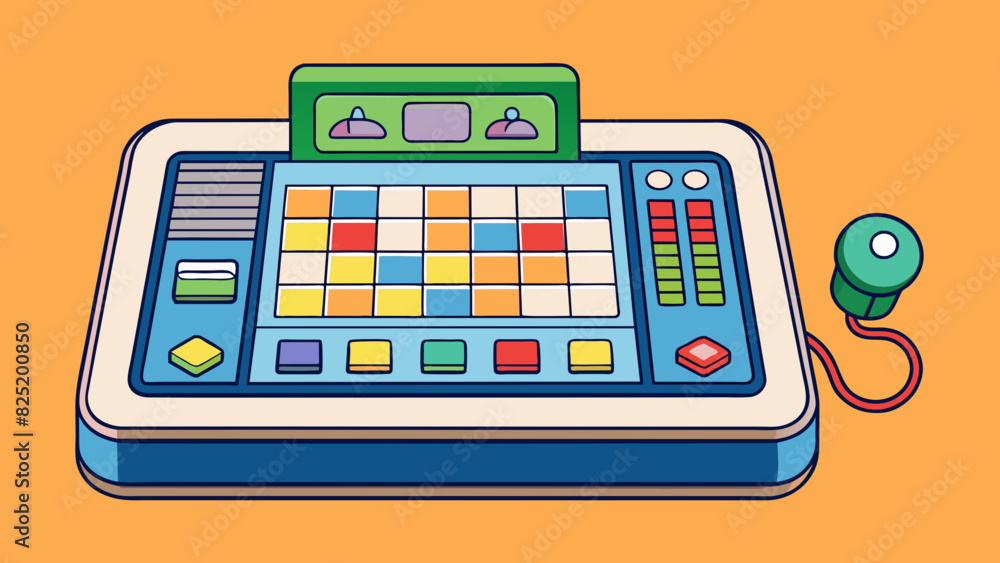Aufkleber An electronic device with a glass screen and a keyboard underneath. The screen can display colorful images and text and the keyboard has small raised. Cartoon Vector.
