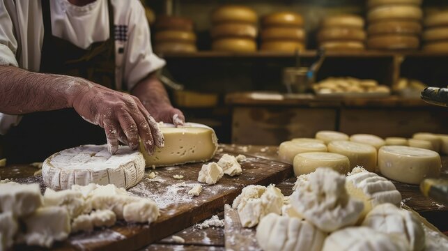 Artisan cheesemaker arranging aged wheels and fresh mozzarella on a rustic wooden counter inside a dairy shop - Powered by Adobe