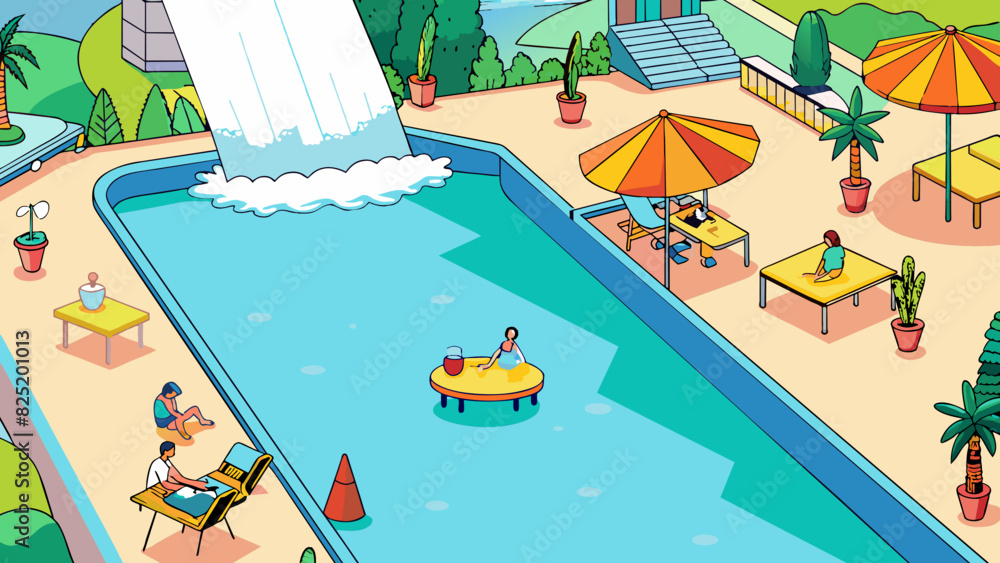 Poster An expansive pool area with sparkling clear water and comfortable lounge chairs. The pool is surrounded by lush greenery and features a waterfall at. Cartoon Vector.