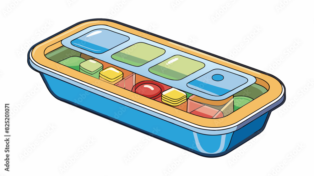 Poster An oblongshaped container with a lid that can be twisted open. It is made of clear plastic and has a series of small compartments inside for. Cartoon Vector.
