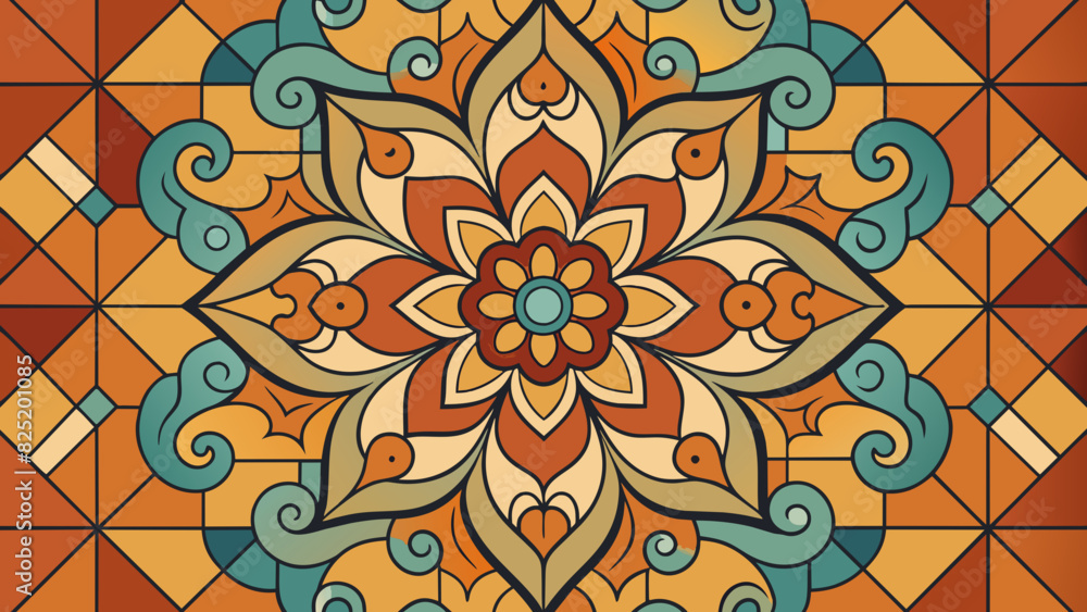 Poster An intricate and symmetrical tile pattern on a decorative wall showcasing a mix of warm and cool tones that create a visually pleasing contrast.. Cartoon Vector.