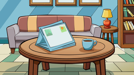 Fototapeta premium A newspaper with a bold headline in large font surrounded by smaller text as it sits on a wooden coffee table in a cozy living room.. Cartoon Vector.