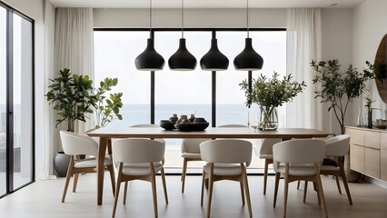 A modern and minimal dining room with table, interior design, dining room design, 