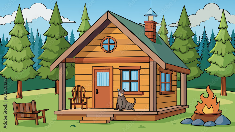 Poster Another build is a small wooden structure in a forest. It is used as a hunting cabin and has a sloping roof a chimney and a porch with rocking chairs.. Cartoon Vector.