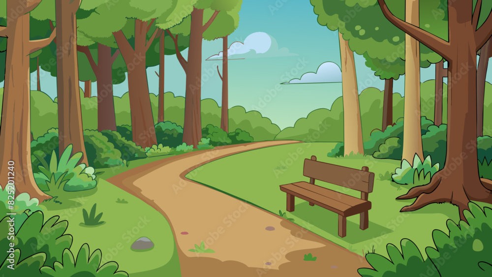 Poster an outdoor path winds through a dense forest lined with towering trees and lush greenery. in the dis