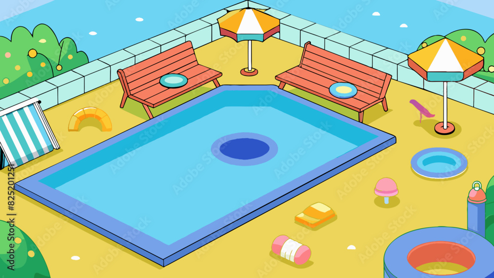 Poster an outdoor space with a large rectangular swimming pool in the center. there are lounge chairs and u